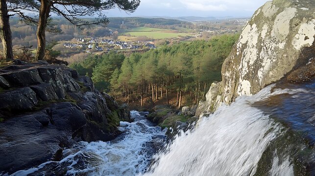 Rushing waterfall cascades over rugged rock cliffs, revealing a peaceful town nestled amidst lush forests