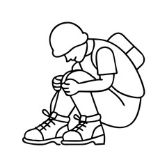 hiker tying shoelaces icon, hiker tying shoelaces line art - simple line art of hiker tying shoelaces, perfect for hiker tying shoelaces logos and icons