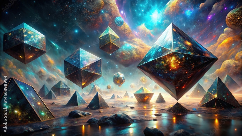Aufkleber Cosmic Geometry A celestial landscape of shimmering pyramids and glowing octahedrons, reflecting the vibrant nebula above.