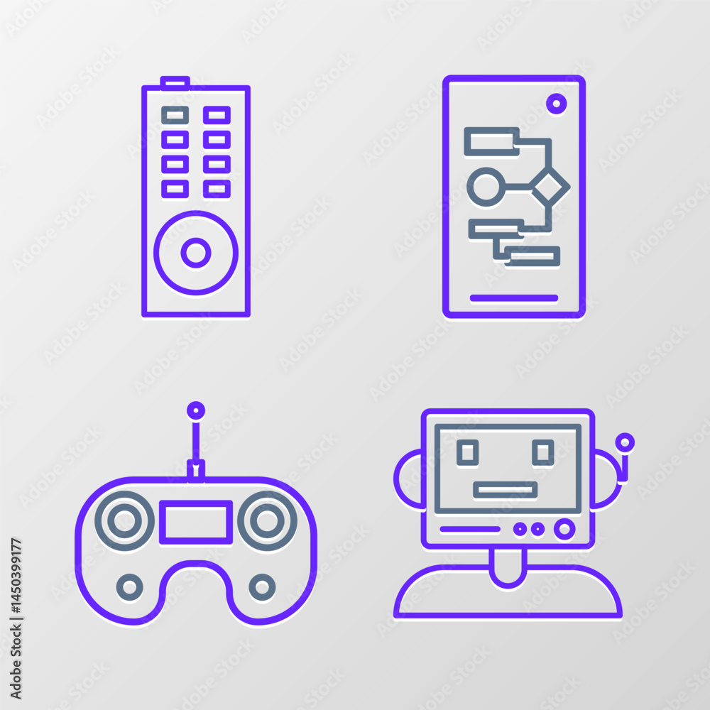 Aufkleber set line robot, remote control, algorithm and icon. vector