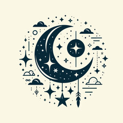 Beautiful cartoon illustration of moon and stars