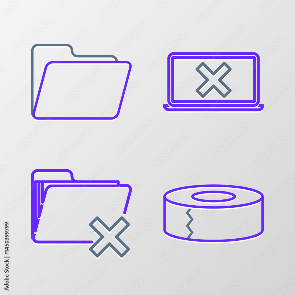 Poster set line scotch, delete folder, laptop and cross mark on screen and document icon. vector