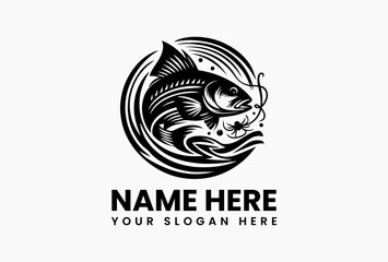 Fisherman catching fish vector logo design with rod and hook, outdoor sport and nature illustration isolated on white background for adventure and fishing brand use