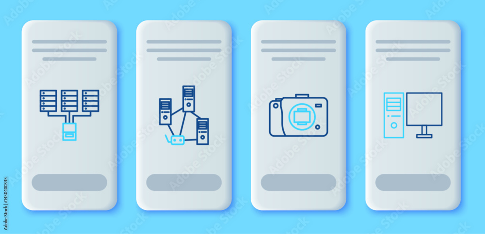 Poster set line computer network, mirrorless camera, server, data, web hosting and monitor icon. vector