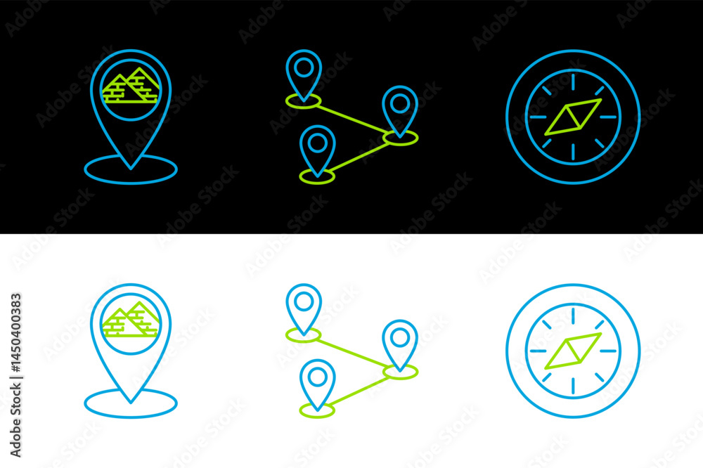 Poster set line compass, map pointer with egypt pyramids and route location icon. vector