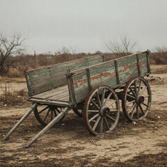Obraz premium Weathered Wooden Wagon in a Desert Landscape