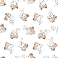 seamless pattern with cartoon fire engines. Colorful illustration flat style for kids. hand drawing. baby design for fabric, print, wrapper, textile