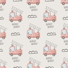 seamless pattern with cartoon fire engines. Colorful illustration flat style for kids. hand drawing. baby design for fabric, print, wrapper, textile