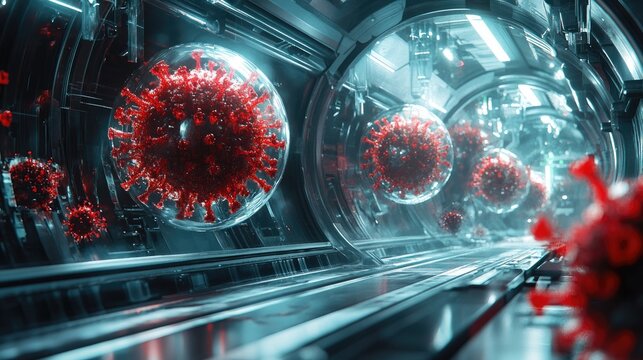 Futuristic corridor showcasing enclosed microscopic pathogens. - Powered by Adobe