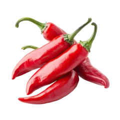 Fototapete Close-up of four vibrant red chili peppers.  Bright, glossy, and slightly curved, peppers have green stems.  Fresh and whole © akun