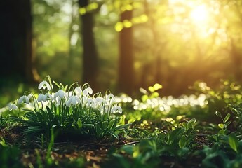 Sunlit forest floor with blooming white snowdrops, green grass, and tall trees in the background.
