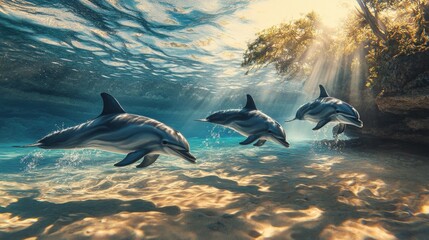 Obraz premium Three dolphins swimming underwater, bathed in sunlight.