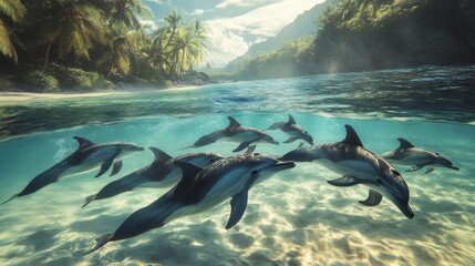Obraz premium Tropical paradise scene with playful dolphins swimming in clear water.
