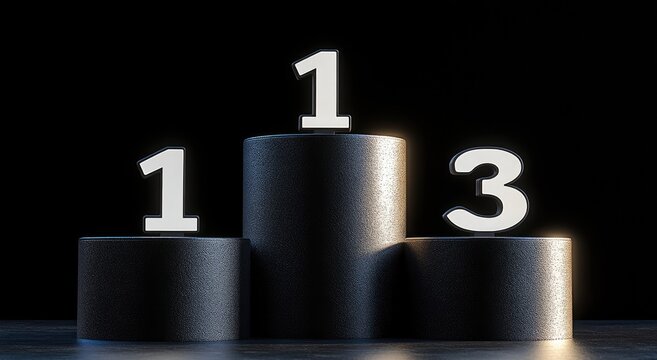 Three dark gray podiums, illuminated from the front, displaying the numbers 1, 1, and 3.  A symbolic representation of competition and achievement