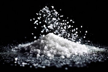 A dynamic shot of sea salt crystals falling against a black backdrop, creating a beautiful visual.