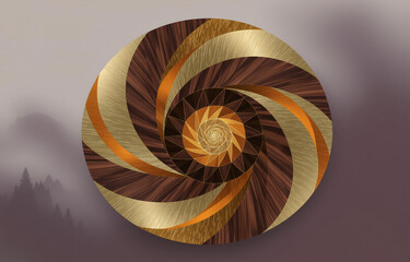 Obraz premium A mesmerizing circular artwork features a swirling spiral design in rich brown, gold, and copper tones, suggesting depth and movement against a muted background. The piece evokes feelings of warmth a
