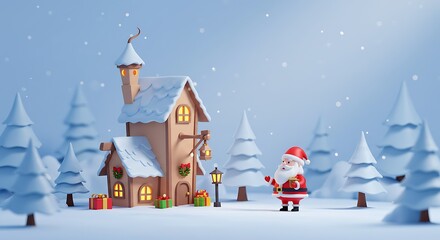 3d cute cartoon illustration, santas workshop with fantastical architecture, subject on the right under morning radiance, icy blue tones, clear copy space on the left