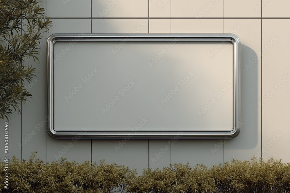 Poster Blank rectangular sign with a metallic frame mounted on a light beige wall, flanked by greenery. Showcase for advertisement or text
