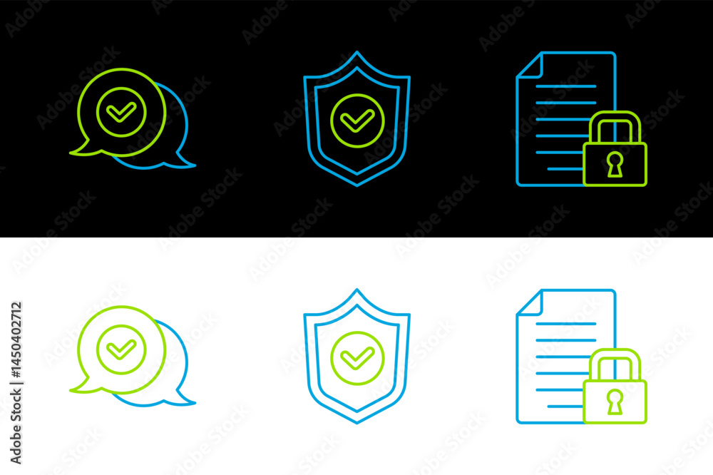 Poster set line document and lock, check mark in speech bubble and shield with check icon. vector