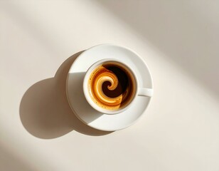 A top-view close-up shot of a cup of coffee with a spiral design in the crema, on a white saucer, against a beige background. The image is bathed in soft sunlight.