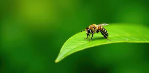 Single bee perched on vibrant green leaf in natural setting, green, floral, summer
