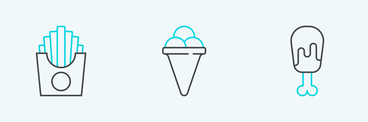 Set line Chicken leg, Potatoes french fries in box and Ice cream waffle cone icon. Vector
