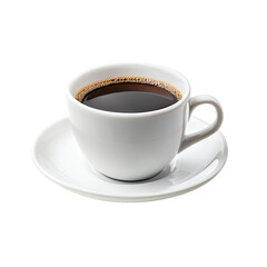 Fototapeta premium A steaming cup of black coffee in a white ceramic mug and saucer. Dark, rich brew filling the cup