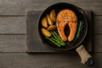 Grilled salmon steak with roasted potatoes, asparagus, and rosemary served in a cast iron skillet on rustic wooden background – healthy gourmet meal, top view, country style food concept