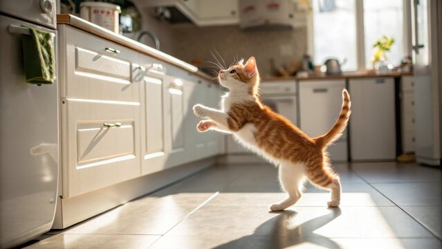 A playful orange kitten stands on its hind legs in a sunlit kitchen, reaching up with curiosity.