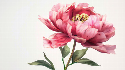 Vibrant botanical illustration of pink peony flower with green leaves on white background