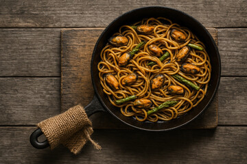 Rustic Cast Iron Skillet with Spaghetti, Fried Mussels, and Asparagus on Wooden Table – Gourmet Seafood Pasta Dish in Dark Rustic Style, Overhead View with Natural Light
