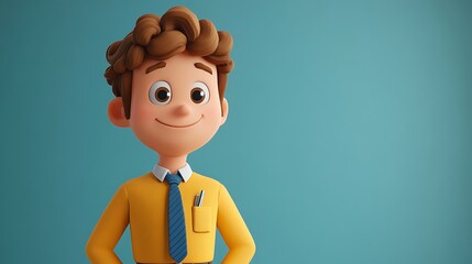 Friendly Cartoon Boy in Yellow Shirt with Blue Tie Portrait Illustration