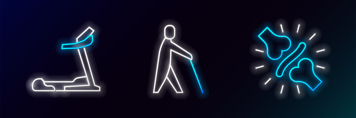 Set line Joint pain, knee pain, Treadmill machine and Blind human holding stick icon. Glowing neon. Vector