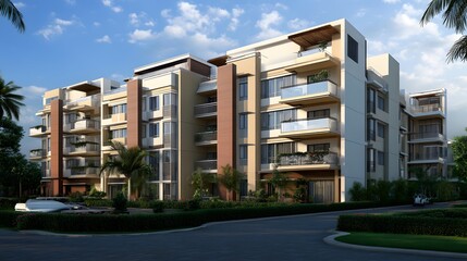 Fototapeta premium modern apartment exterior with balconies and natural lighting, architectural render,
