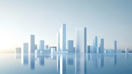 Fototapeta premium Minimalist 3D rendered city skyline with water reflection and soft-toned sky.