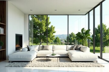Fototapeta premium Sleek white concrete living area, large window , landscape, bright, texture