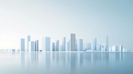 Fototapeta premium Minimalist 3D rendered city skyline with water reflection and soft-toned sky.