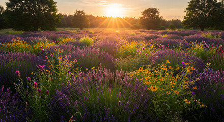 Obraz premium Lavender Field At Sunrise With Warm Light And Golden Rays
