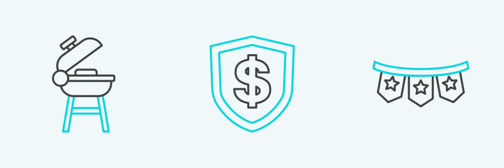 Set line Carnival garland with flags, Barbecue grill and Shield dollar icon. Vector