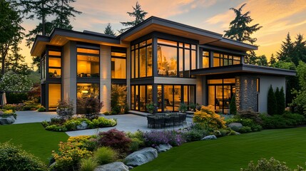 luxury modern house with glass facade, landscaped garden, sunset lighting, wide shot,