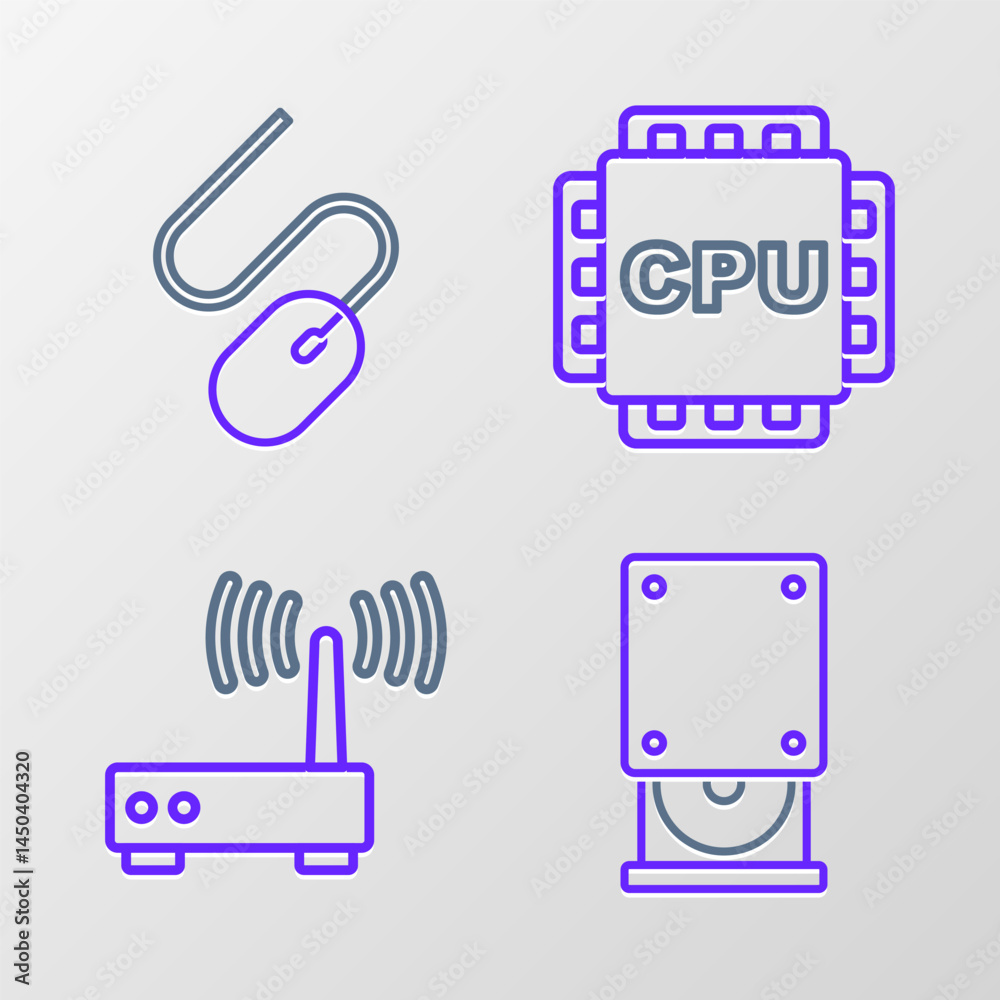 Poster Set line Optical disc drive, Router and wi-fi signal, Processor with CPU and Computer mouse icon. Vector