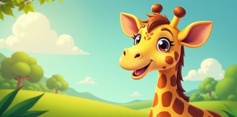 Smiling cartoon giraffe with empty sign, vibrant colors, animal, sign, long neck