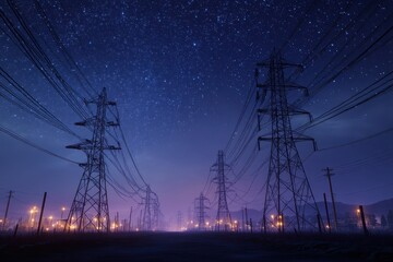 Power Lines Under a Starry Night Sky