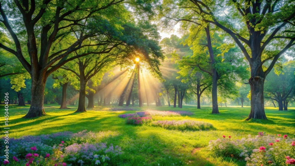 Poster golden rays of sunlight pierce through the canopy of a lush forest, illuminating a field of wildflow