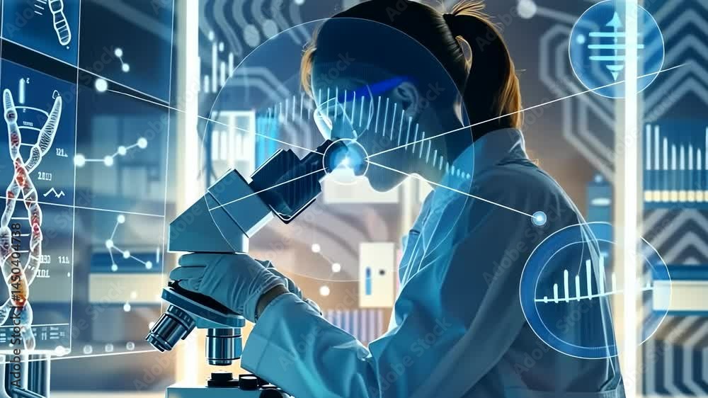 Aufkleber a scientist in a lab coat and glasses is using a microscope. behind her, a screen displays a dna str