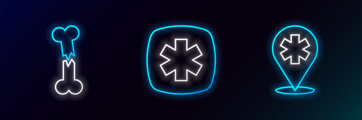 Set line Location hospital, Human broken bone and Emergency - Star of Life icon. Glowing neon. Vector