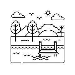 lake with fishing dock icon, lake with fishing dock line art - simple line art of lake with fishing dock, perfect for lake with fishing dock logos and icons