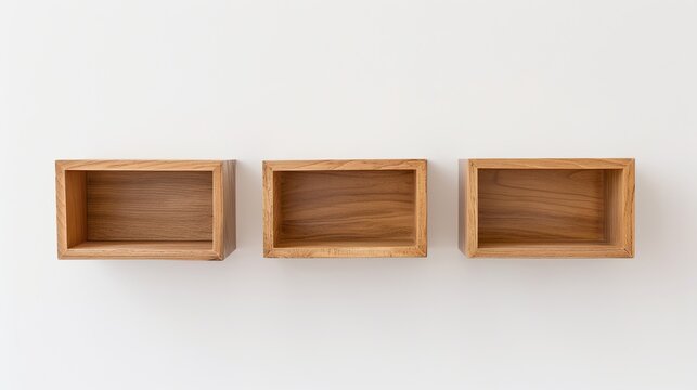 Trois Ã©tagÃ¨res en bois suspendues sur un mur blanc constituent une Ã©tagÃ¨re vide.