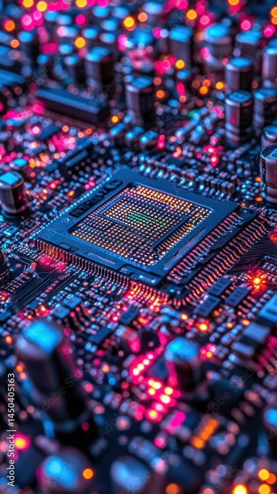 Poster vibrant close up of a computer circuit board with processor for tech and engineering