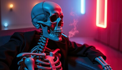 Skeleton smoking in a neon-lit room  